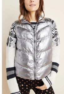 Chaleco acolchado de lámina metálica ANTHROPOLOGIE para mujer con cremallera frontal plateado talla pequeña - Imagen 1 de 13