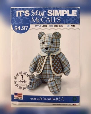 MCCALLS It’s Sew SIMPLE Memory Teddy Bear with Vest Sewing Pattern  L9547 UNCUT - Image 1 of 2