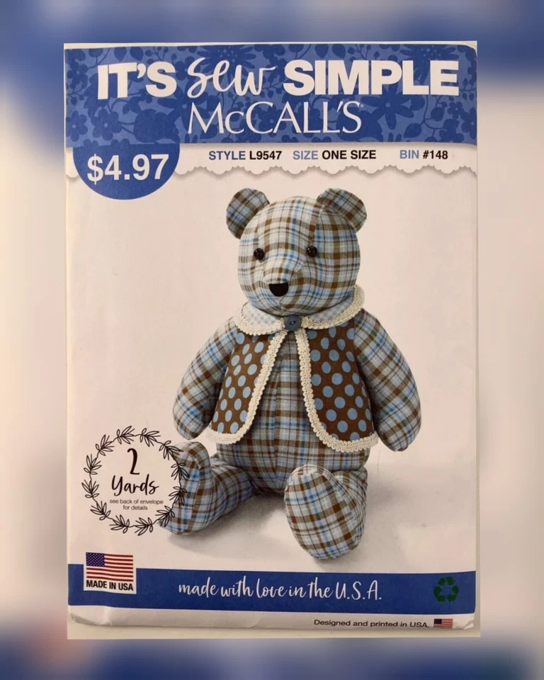 MCCALLS It’s Sew SIMPLE Memory Teddy Bear with Vest Sewing Pattern  L9547 UNCUT - Image 1 of 2