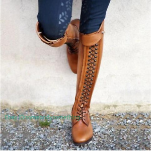 Women's Boots Knee High Lace Up Stacked Heels Leather Tall Riding Chivalry Boots