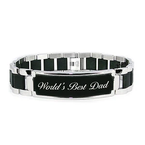 Stainless Steel Father's Day DAD #1 DAD Worlds Best Dad Engraved Black Bracelet  - Picture 1 of 5