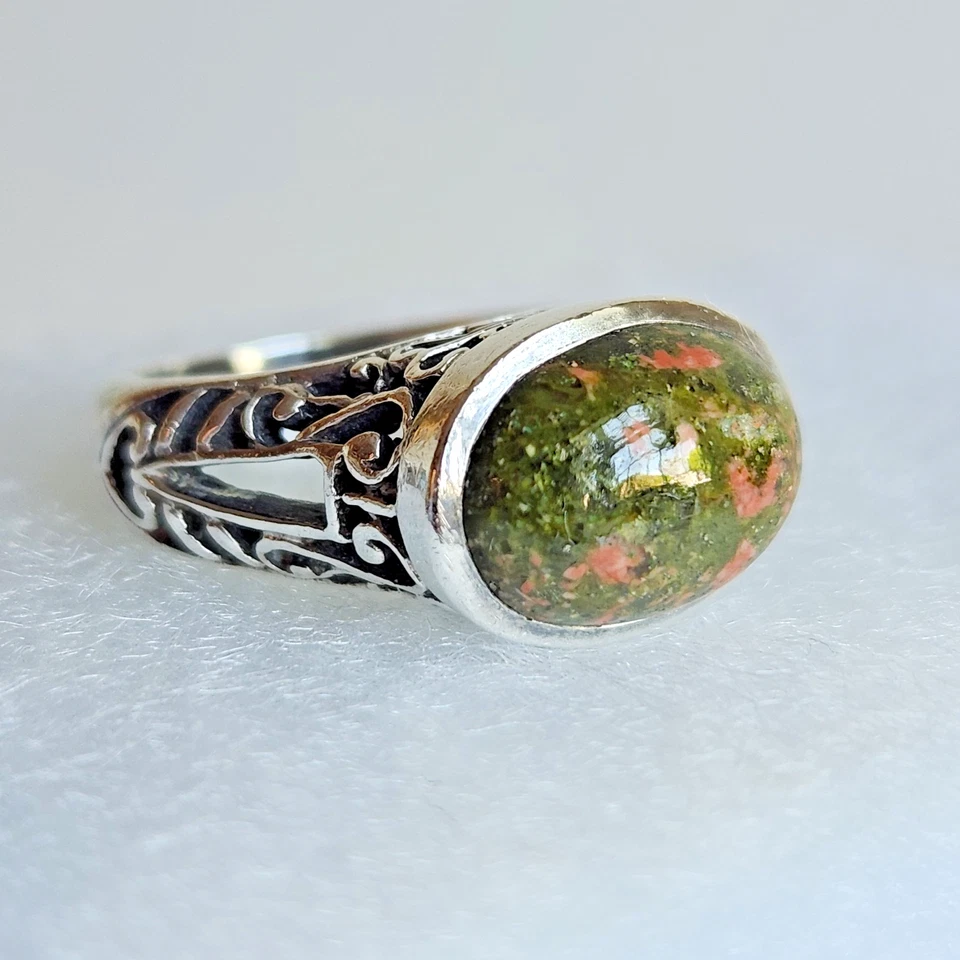 Anillo de plata esterlina verde y coral piedras preciosas filigrana boho talla 8,5 | 8 g 925 Foto 1 de 4