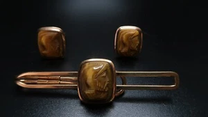 Antiguo HOMBRE ART DECO Ojo de Tigre SOLDADO ROMANO PESADO 12k GF Gemelos Clip de Corbata - Imagen 1 de 7