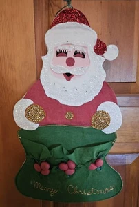Vintage Sequin & Felt Handsewn Santa Claus Christmas Card Holder Wall Hanging - Picture 1 of 10
