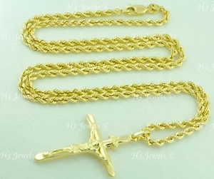 14k solid yellow gold hollow rope chain necklace cross pendant #6741 6.40gr 24in - Picture 1 of 12