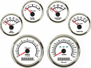 6 Gauge Set 200KM/H White Speedometer Taho Fuel Volts Oil Pressure Temp Blue Led - Picture 1 of 7