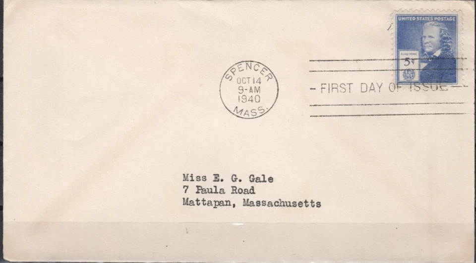 US Scott #892 "Elias Howe" Famous Americans, 5 cents addressed FDC - Image 1 of 1