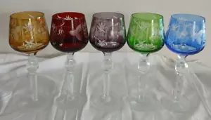 5 Bicchieri Bohemien Multicolore Taglio a Trasparente Stelo Alto 8,25" - Foto 1 di 24