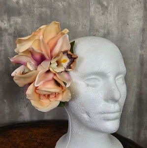 Blumen Haarspange Pfirsich Rose Orchidee Blume Kopfschmuck Hochzeit Tiki Pinup Abschlussball - Bild 1 von 6