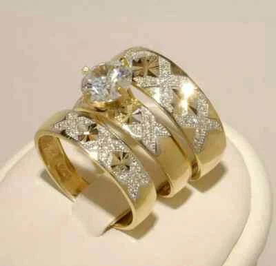 2.2Ct Round Cut Lab Created Diamond Wedding Trio Ring Set 14K Yellow Gold Plated - Image 1 of 4