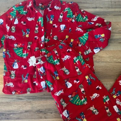 Antiguo conjunto de 2 piezas de franela de vacaciones azul marino para mujer perros gatos carlinos Daushand  Foto 1 de 4