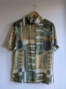 San Remo Vintage Shirt Size 36 Green Yellow Abstract Geometric Print Retro - Picture 1 of 6