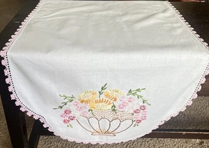 Vintage Cotton Embroidered Dresser Scarf Table Runner 18” x 40” - Picture 1 of 4