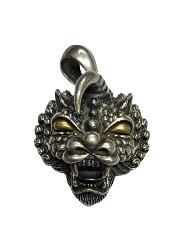 Da Uomo 3.8cm Foo Cane Pinky Ciondolo 925 Ossidato Argento Con Smalto Occhi - Immagine 1 di 4