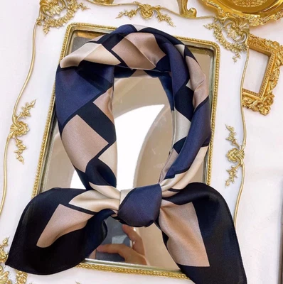 100% Silk Mulberry Scarf Square Blue grid Print Bandann 70X70cm Shawl wrap new - Image 1 of 4