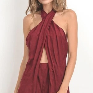 Do & Be Drape Front Romper Burgundy Large - Picture 1 of 4