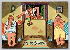 Postal alemana vintage "Die Gschamign" diseño de dibujos animados continental - Imagen 1 de 2