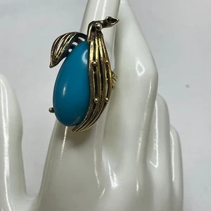 costume ring jewelry gold tone Pear with faux turquoise inset nature natural - Picture 1 of 9