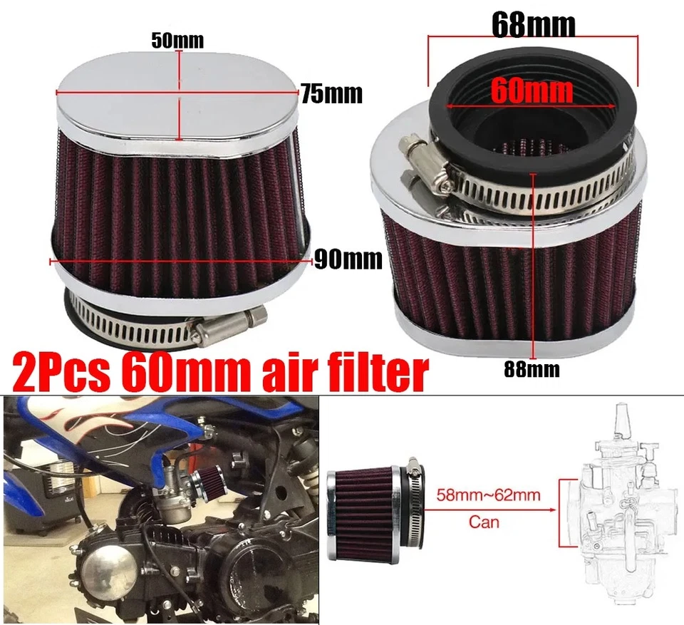 2x Universal Air Filter 60mm Cleaner For Moped Scooter Dirt Pit Bike Motorcycle - Image 1 of 4