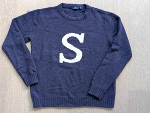 Smart Turnout London Mens Navy Blue 100% Lambswool Letter S Varsity Sweater Sz L - Picture 1 of 21