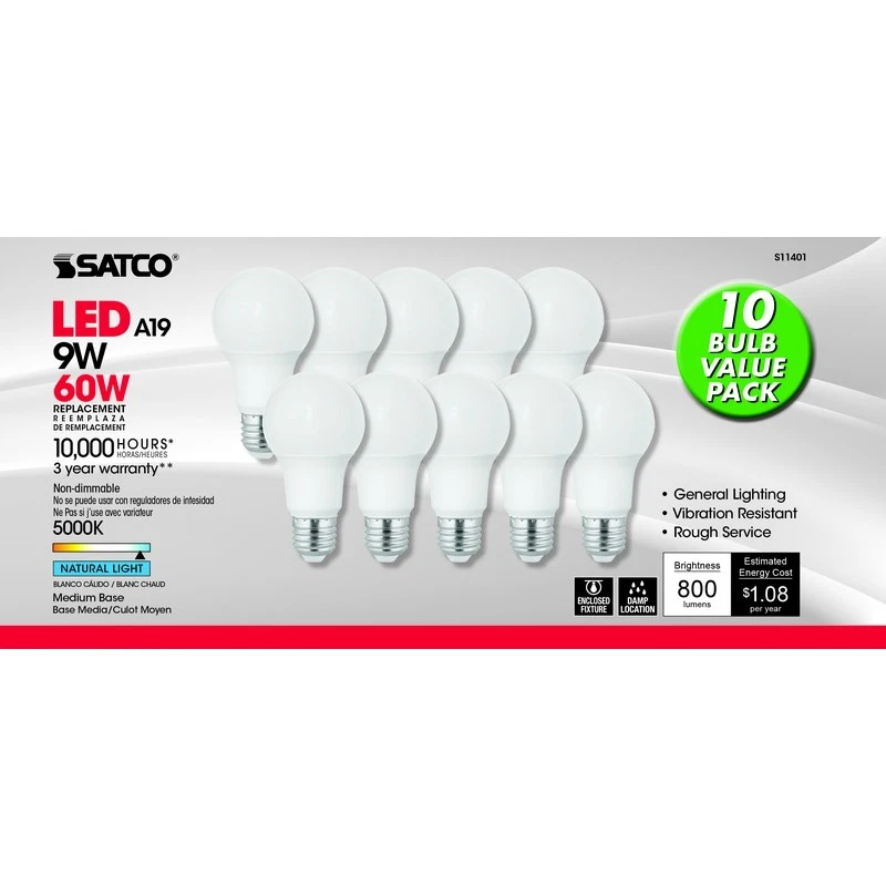 Satco S11401 A19 LED Light Bulbs, 60-Watt Replacement, 5000K Natural Light, 9 Wa - Image 1 of 1