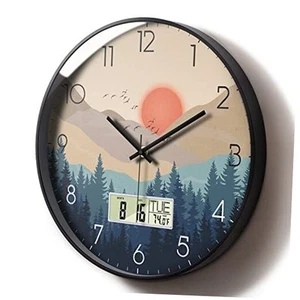 Silent Wall Clock with Day Week Temperature Wilderness with Sunset Non-ticking - Picture 1 of 7