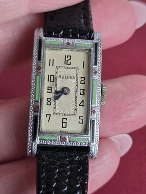 1920s Bulova Art Deco 14k White Gold Filled Ladies Watch Enamel GWO - image 1 of 4