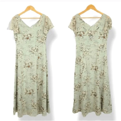 NEW Vintage Coldwater Creek 100% Silk Flutter Sleeve Floral Midi Dress in Sage - Image 1 of 4