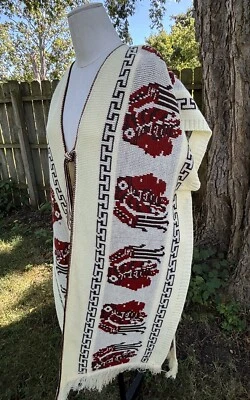 Vtg 70s Poncho Boho Hippie ONE SIZE Tan and Red Fall Retro Fringe Festival Fall - Image 1 of 4