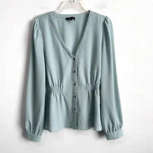 1.STATE Cinched Waist Blouse M Dusty Mint Veridian Blooms Long Sleeve V Neck NEW - Picture 1 of 13