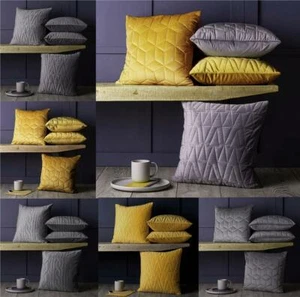 Set of 4 Quilted Luxury Velvet Geometric 18" Cushion Covers Yellow Ochre & Grey - Picture 1 of 9
