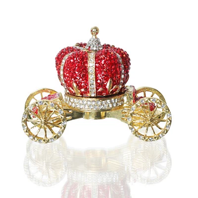 Red Crown Car Trinket Box Hinged Rhinestone Jeweled Colorful Enamel Ring Box - Image 1 of 4