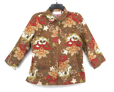 Camisa Primera Edición Mujer Med Marrón Floral Manga Pestaña Enrollable Mezcla de Lino Abotonada Foto 1 de 4