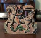 St George Slaying The Dragon Carved Wood & Painted Figure Folk Art Style