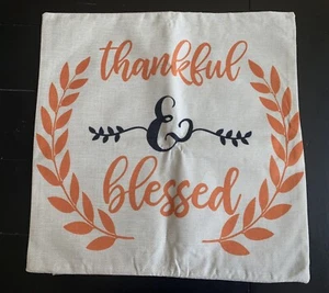 Copricuscino con zip in tessuto Grateful & Blessed 17,5 x 17 autunno Ringraziamento - Foto 1 di 2