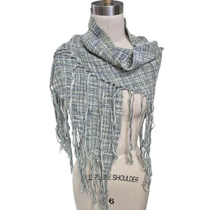 vtg 80s 90s Stijfselkissie Hand Woven Sage Green/Blue/Gray Shawl Fringed 22x54 - Picture 1 of 5