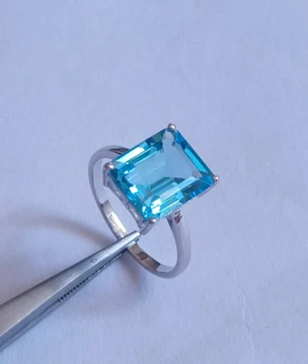 Elegante anello con topazio blu baguette in argento sterling 925 anello da... - Immagine 1 di 4