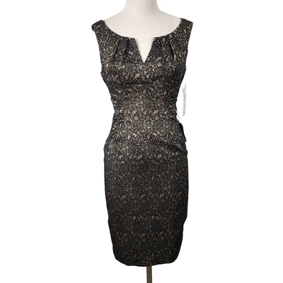 Adrianna Papell 6 Black Beige Lace Ruched Sheath Dress Cocktail Sleeveless NWT - Image 1 of 4