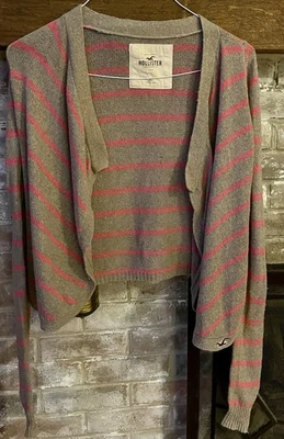 Vintage Y2K Hollister XS Cropped Rabbit Hair Cardigan Sweater Gray Pink Stripes - Image 1 of 3
