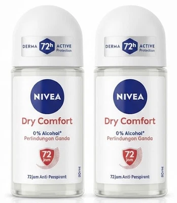 2 Pack Nivea Dry Comfort Anti Perspirant Roll On Deodorant 50ml 72H Alcohol-Free - Image 1 of 2