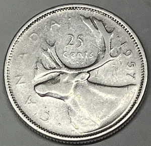 1957 Silver Canada  25 Cent Quarter.  Nice Clear Well Pronounced Example. - Picture 1 of 6