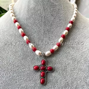 Collar Colgante Cruz Cuentas Gemas Coral Rojo Perla Blanco Arroz Natural 7-8mm 18" - Imagen 1 de 8