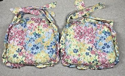Vtg Chair Pad Seat Cushions Ruffle Tie Back Watercolor Floral Cottage ~ Set of 2 - Image 1 of 4