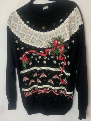 Vintage Land & Sea Ugly Christmas Puff Paint Sweatshirt Black Women’s XL - Image 1 of 4