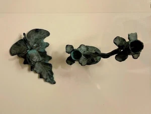 Pair of cast bronze green verdigris candle holders flowers leaf 7 in - Picture 1 of 7