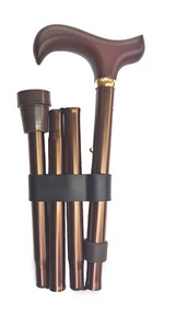 Folding Stick Bronze Aluminium Derby Cane Adjustable with Wooden Handle 4 Part - Picture 1 of 2