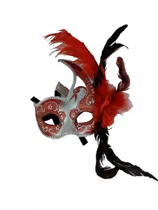 Womens Party Mask Hard Masquerade Red On Silver With Red Black Bird Feather - Picture 1 of 12