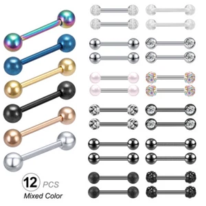 6/12Pcs 14G Acrylic Ball Tongue Rings Stainless Steel Tongue Piercing Barbells - Picture 1 of 11