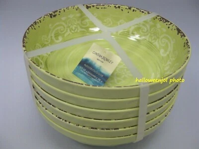 6 CYNTHIA ROWLEY Green Lime Tuscan Scroll MELAMINE Medallion Pasta Cereal Bowl   - Image 1 of 4