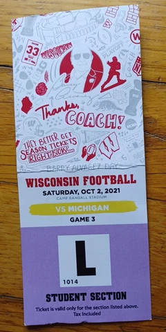 2021 Michigan Wolverines vs Wisconsin Badgers Football Student Ticket Stub Cover
